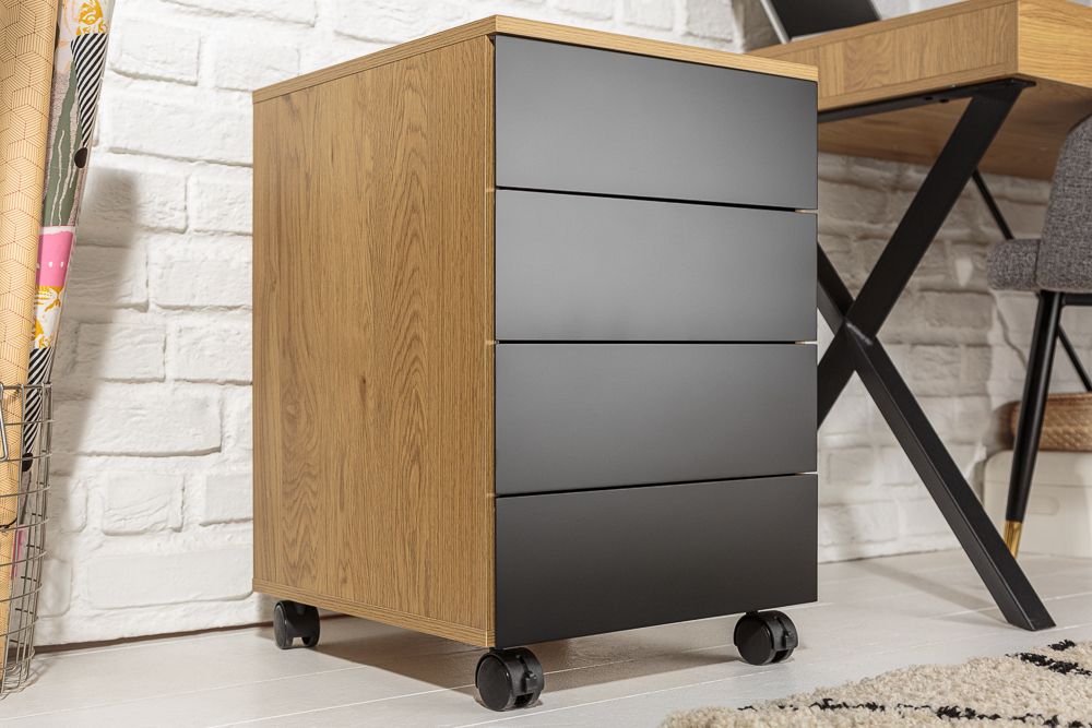 Moderner Rollcontainer STUDIO 40cm Eichenoptik schwarz 4 Schubladen