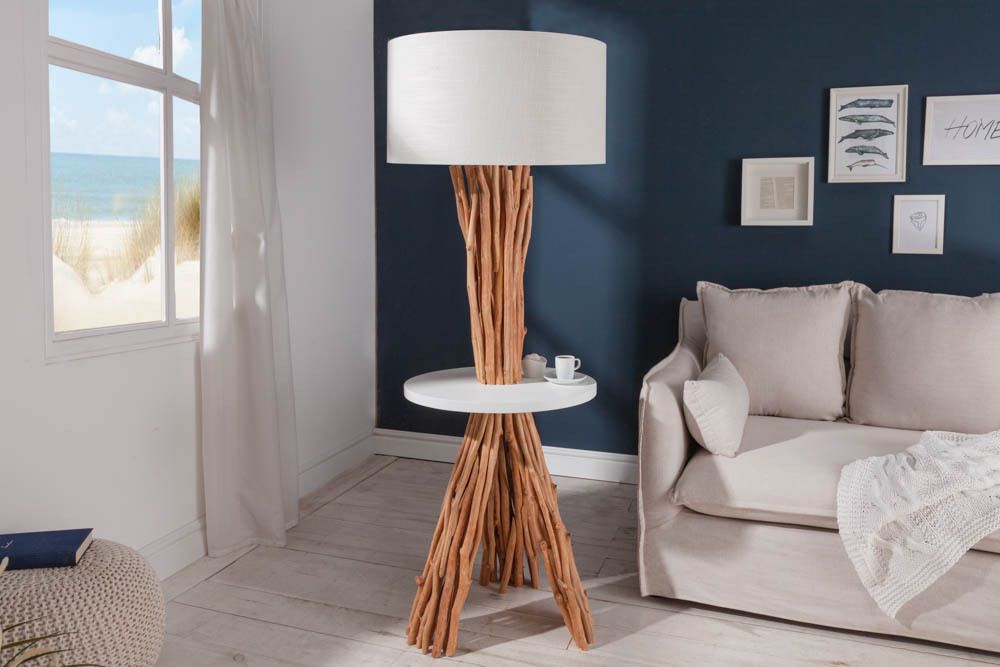 Funktionelle Stehlampe SERVANT 153cm Longan-Massivholz mit Tisch und Leinenschirm