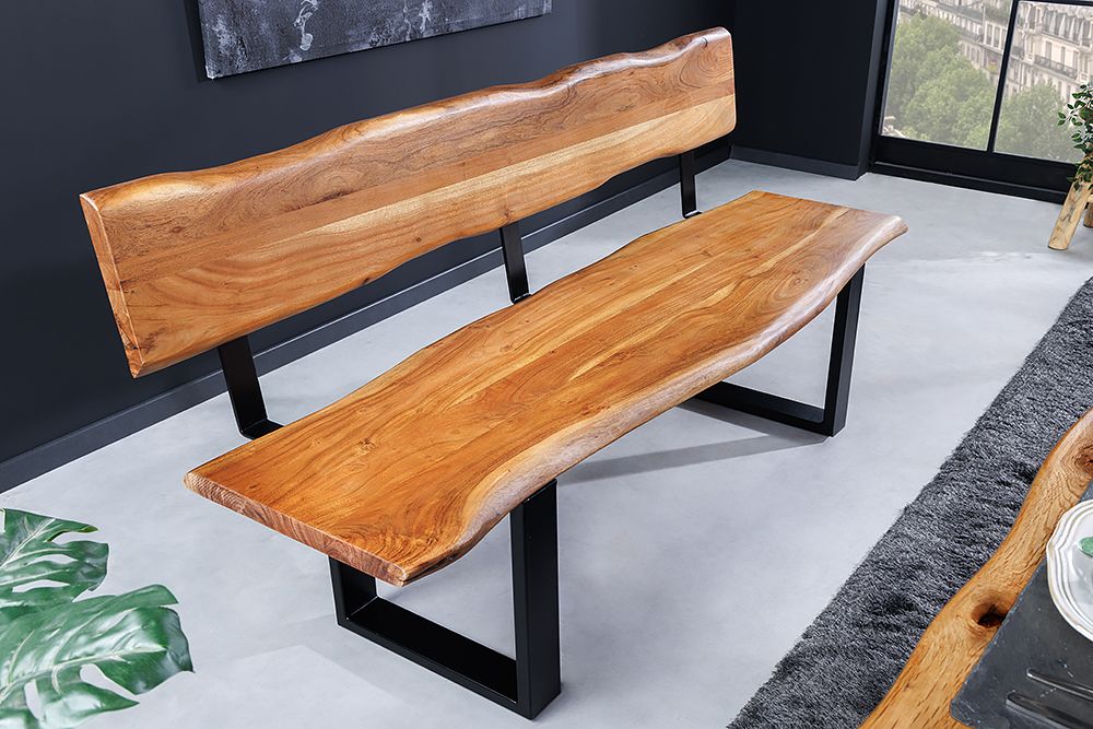 Massivholz Sitzbank MAMMUT 160cm natur Akazie Baumkante schwarzes Metallgestell mit Lehne