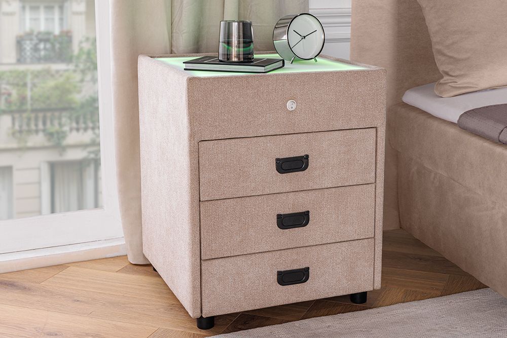 Quadratischer Nachttisch TOULOUSE 55cm beige Samt inkl. Beleuchtung und Schubladen