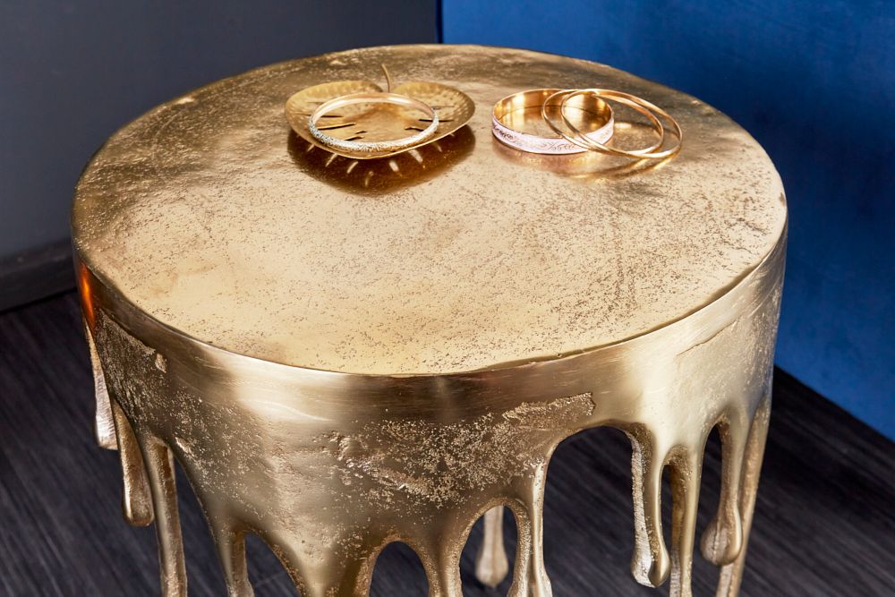 Extravaganter Beistelltisch LIQUID LINE 50cm gold Tropfen-Design Metall Aluminium rund