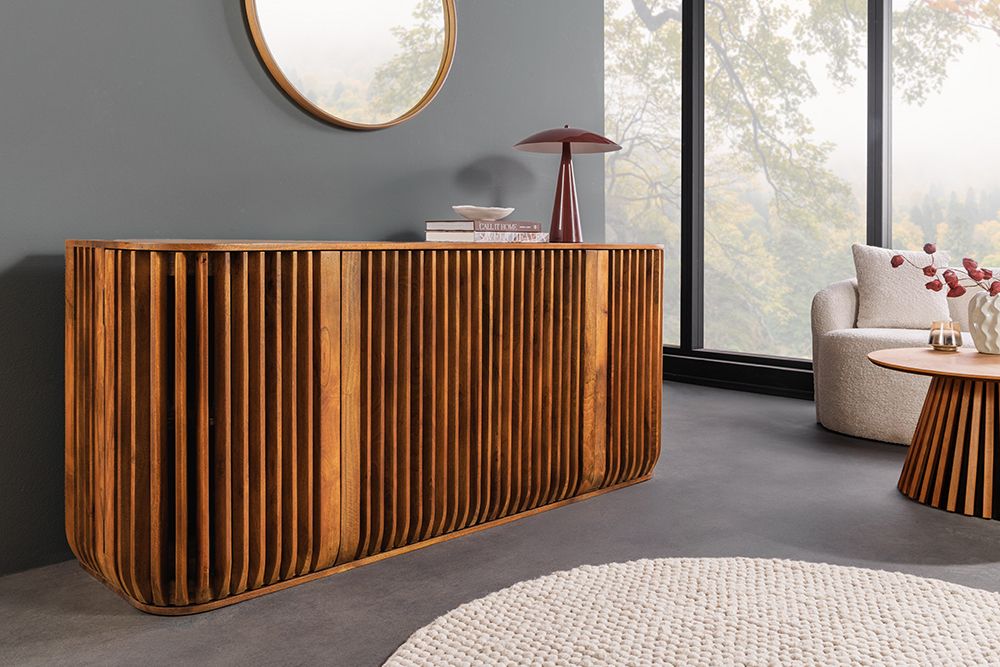 Massives Sideboard SCULPTURA 170cm braun Mangoholz mit abgerundeter Lamellenfront