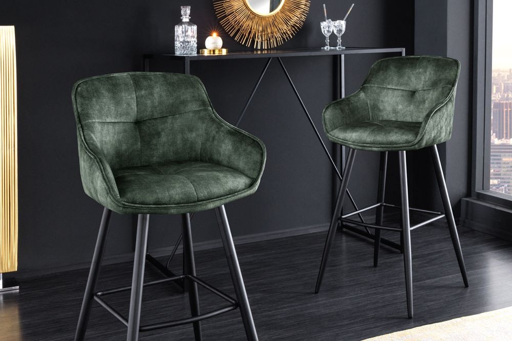 Design Barhocker EUPHORIA dunkelgrün Samt schwarze Metallbeine Barstuhl mit Lehne