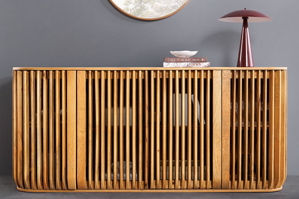 Massives Sideboard SCULPTURA 170cm natur Mangoholz mit abgerundeter Lamellenfront