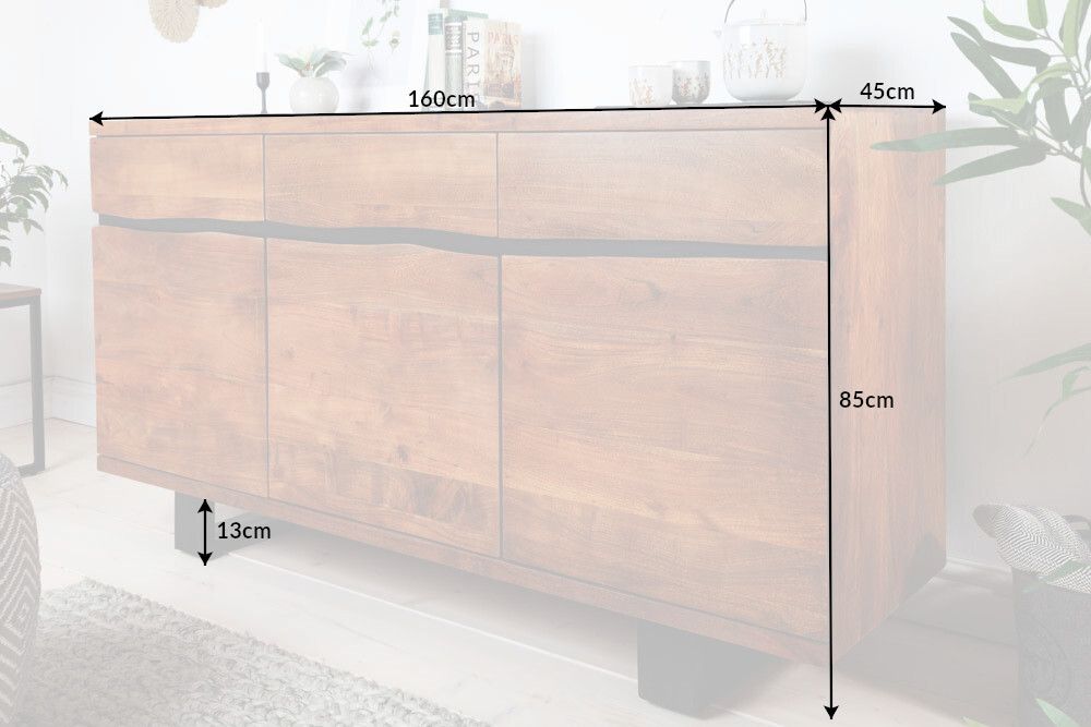 Massivholz Sideboard MAMMUT 160cm Akazie honey finish Metall Baumkante mit Schubladen
