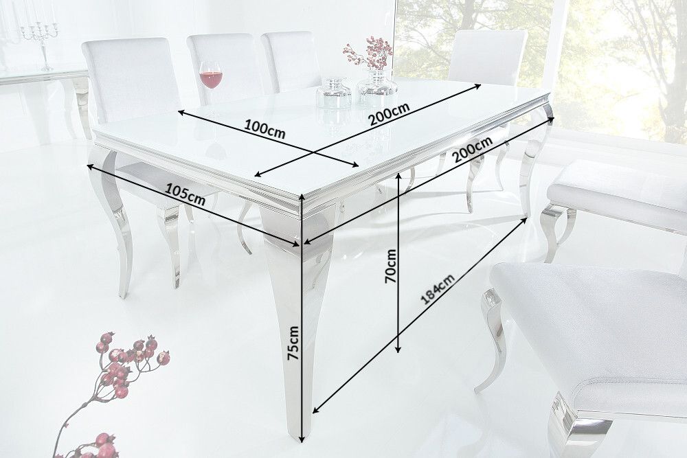 Design Esstisch MODERN BAROCK 200cm weiß Opalglas Tischplatte Edelstahl