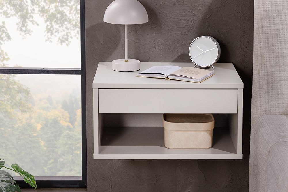 Design Nachttisch COMFORT 50cm weiß hängend mit Schublade und offenem Fach
