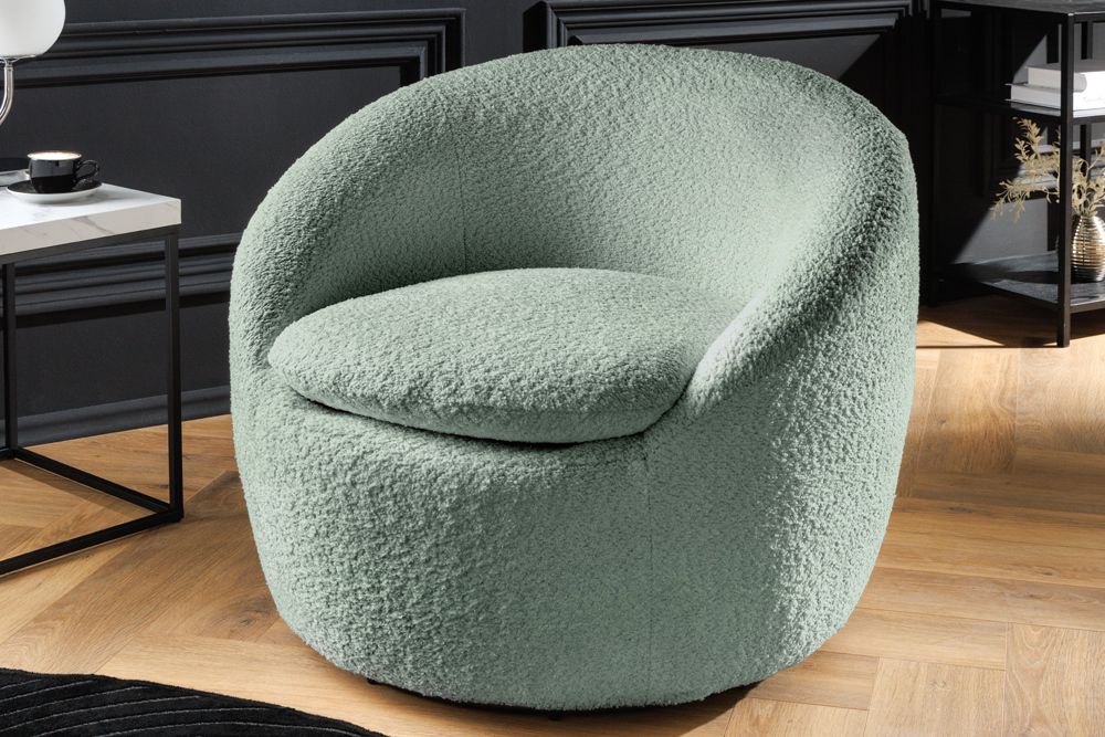 Drehbarer Design Sessel ALPINE salbei Bouclé 360° mit Armlehnen