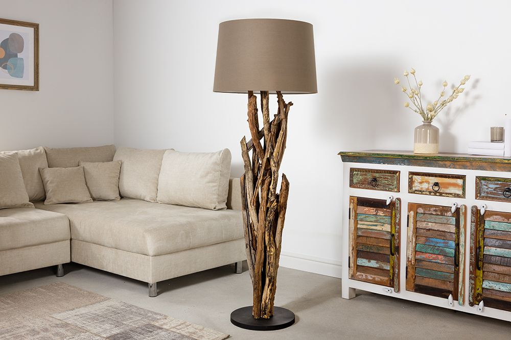 Handgefertigte Stehlampe WILD NATURE 158cm grau Treibholz Stehleuchte Leinenschirm