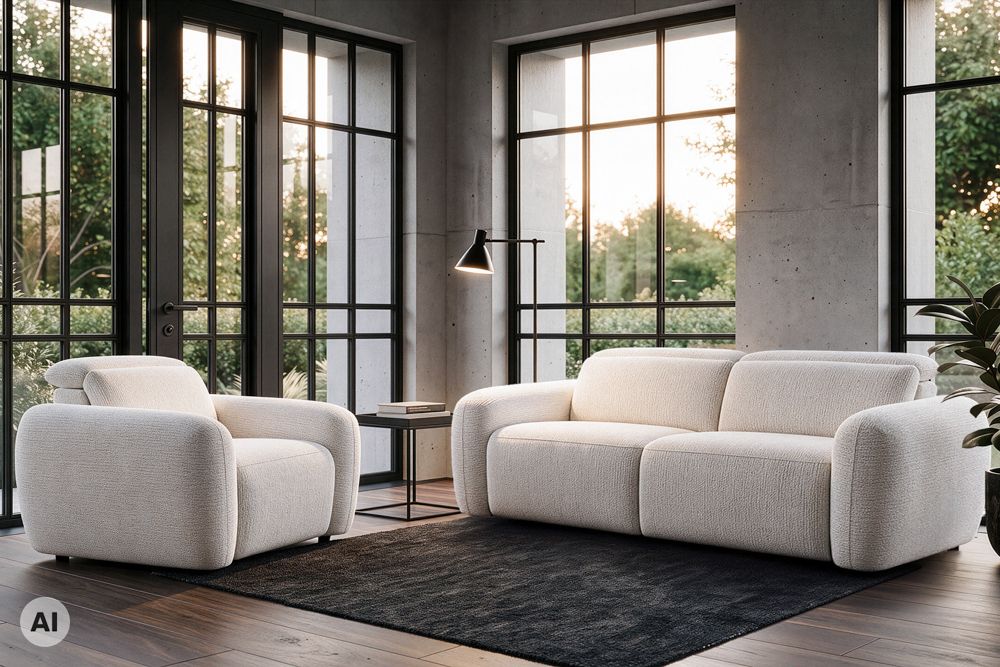 3er Sofa MILANO 220cm beige Bouclé Tweed Soft elektrisch verstellbare Fuß und Kopfstütze