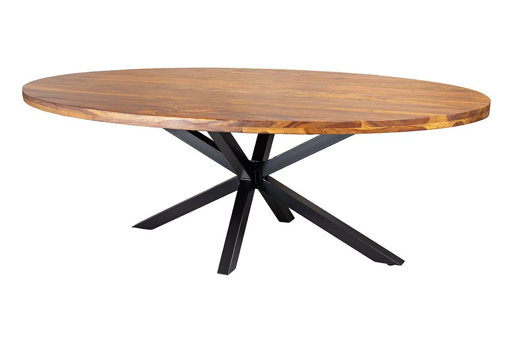 Massiver Esstisch GALAXIE 240cm natur Sheeshamholz oval Sterngestell schwarz