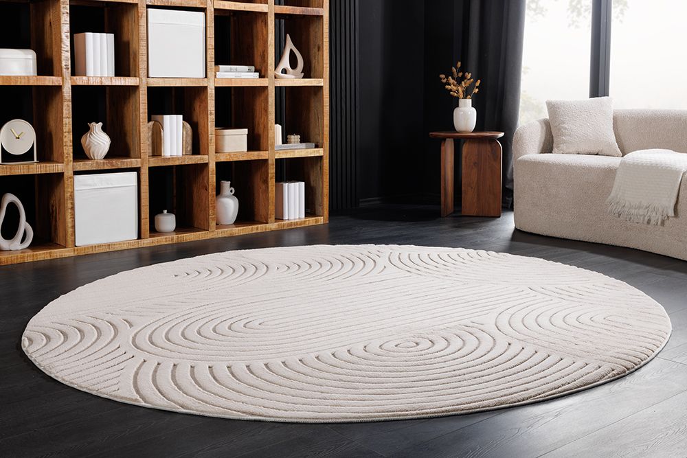 Runder 3D strukturierter Kurzflor Teppich ART DECO 230cm beige creme Hoch-Tief-Effekt