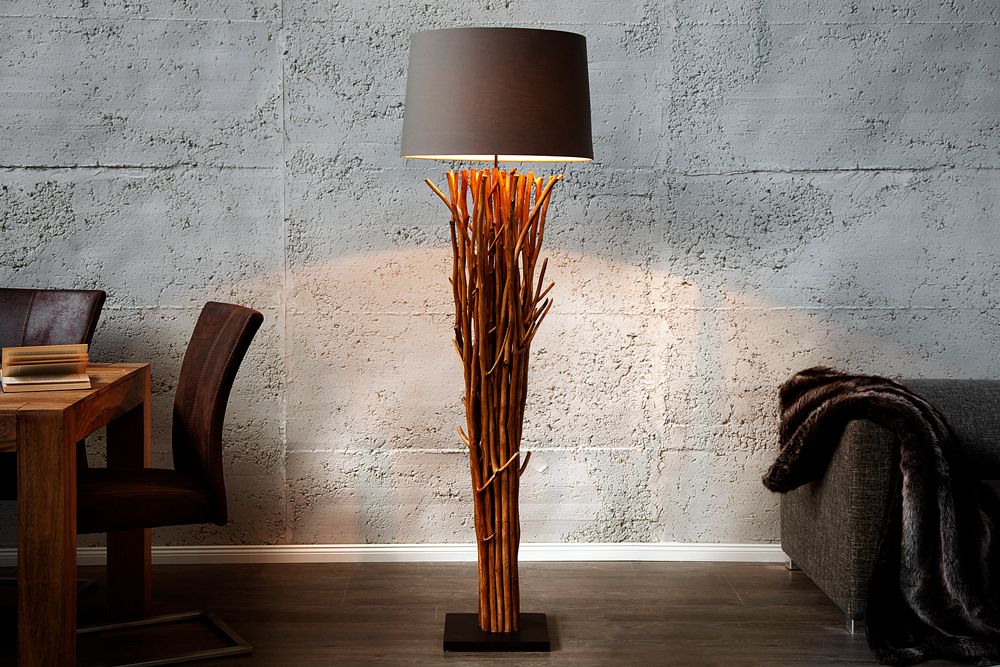 Design Treibholz Stehlampe EUPHORIA 180cm grau mit Leinenschirm