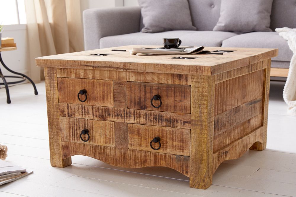 Massiver Couchtisch IRON CRAFT 70cm natur Holz Truhe mit Schubladen und Stauraum