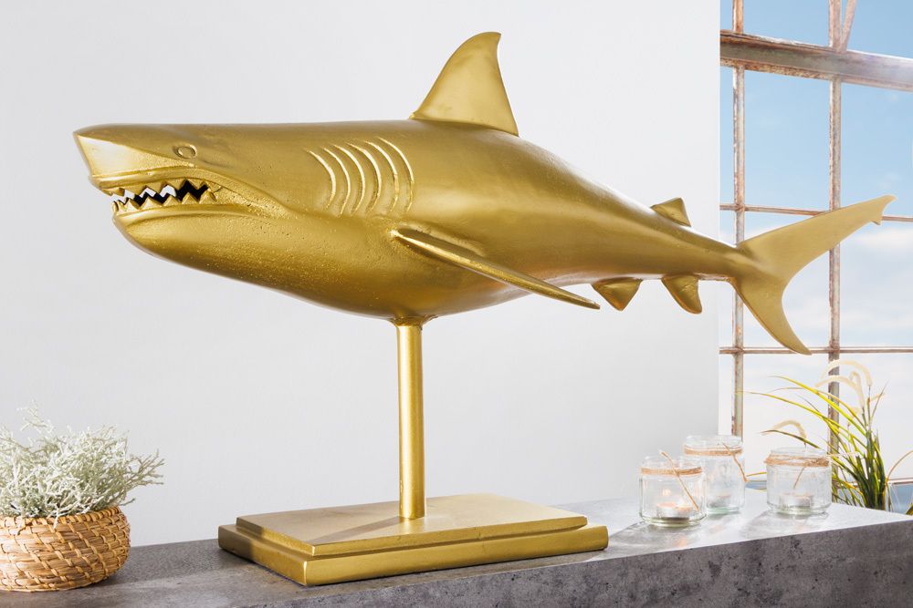 Maritime Skulptur HAI 103cm gold handmade Metall Design Haifisch