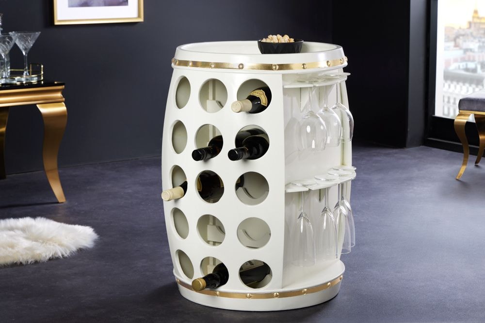 Design Weinfass BODEGA WHITE 70cm weiß gold Pinie Flaschen Gläseraufhängung