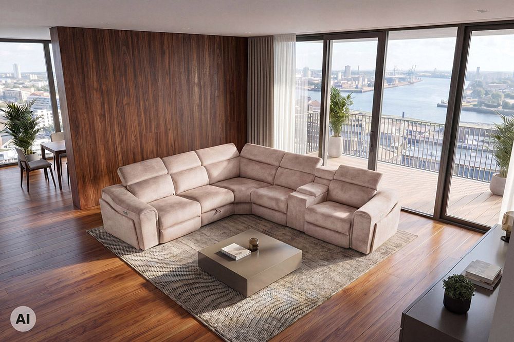 Multifunktionales Ecksofa PRIME 300cm beige Vogue Seiden Samtstoff Relaxfunktion