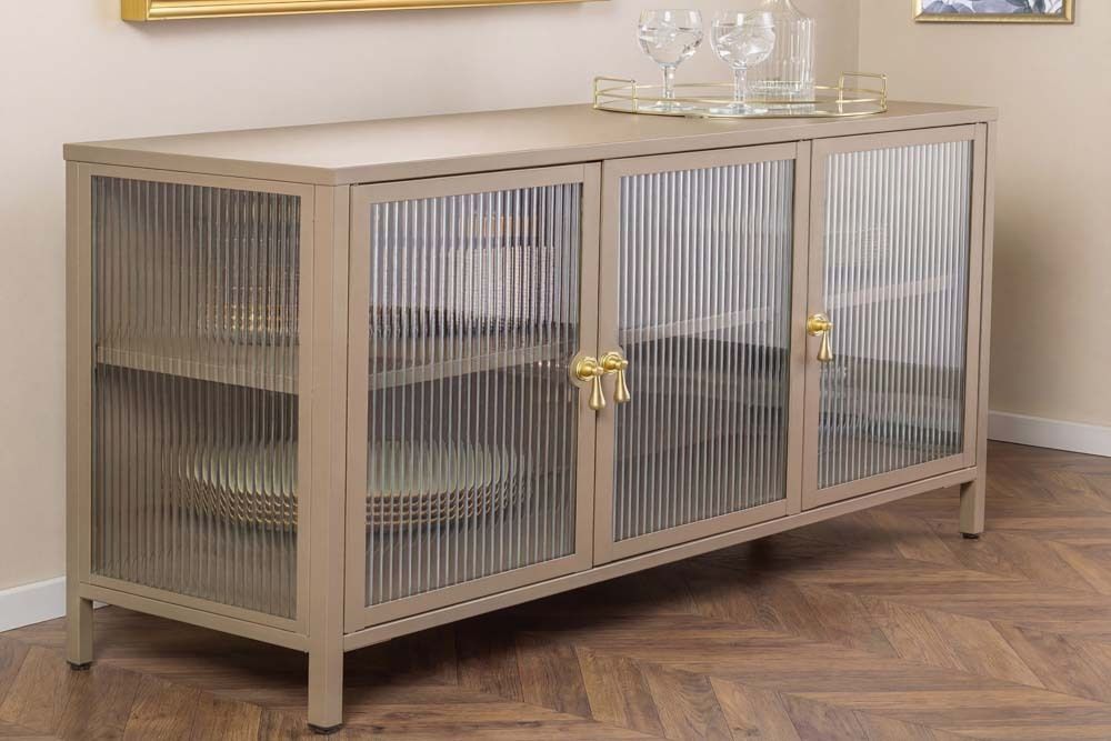 Modernes Sideboard AMSTERDAM 105cm greige gold Vitrine Schrank Riffelglas Metall