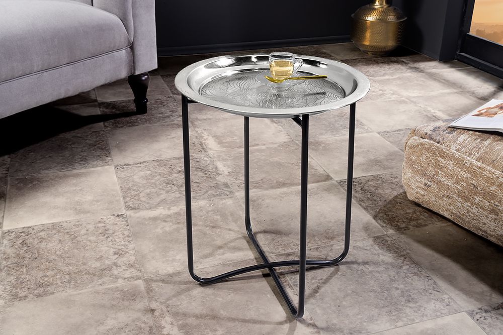 Orientalischer Beistelltisch CASABLANCA 50cm silber schwarz Tablett abnehmbar klappbar