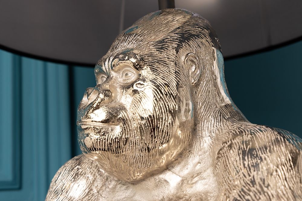 Handmade Tischlampe KONG 60cm silber Metall Affe Gorilla Dekoleuchte schwarzer Lampenschirm