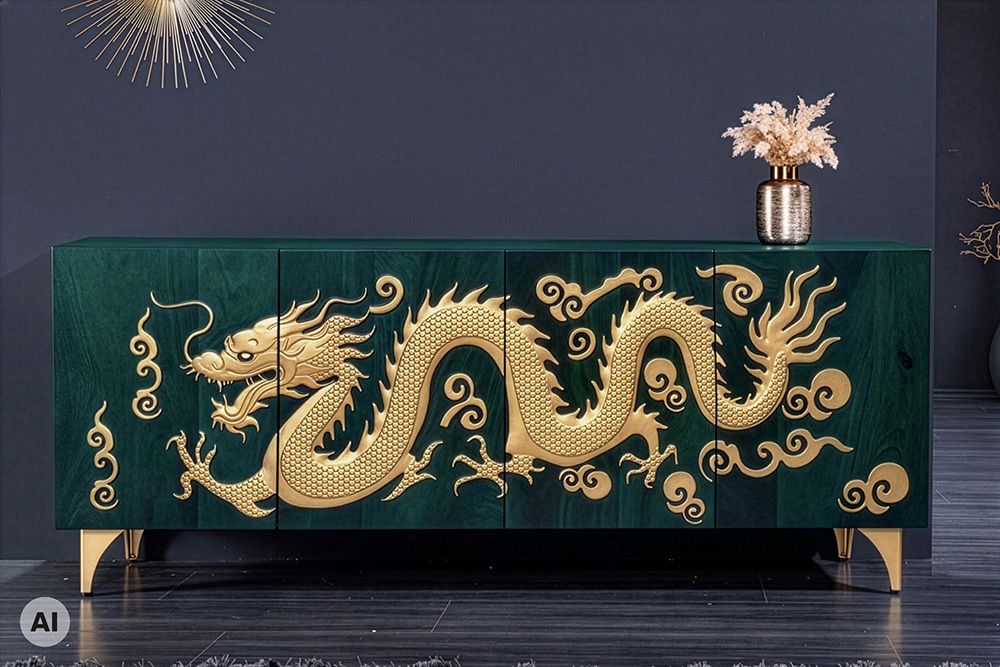 Massives Sideboard DRAGON 180cm türkis gold Mangoholz Metall 3D-Front handmade