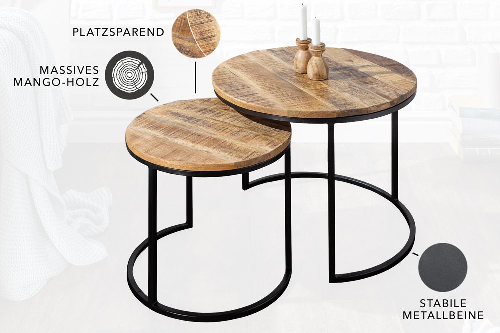 Industrial 2er Set Beistelltische ELEMENTS 60cm Mangoholz massiv rund schwarzes Metallgestell