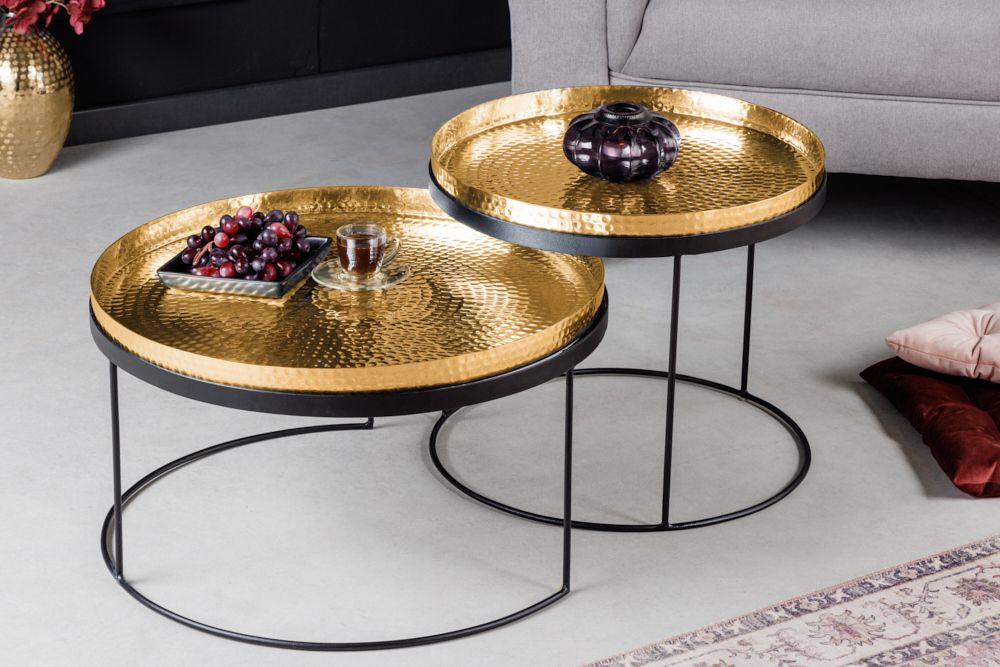2er Set Runde Couchtische ELEMENTS 60cm gold schwarz Metall Tabletttisch Beistelltisch handmade