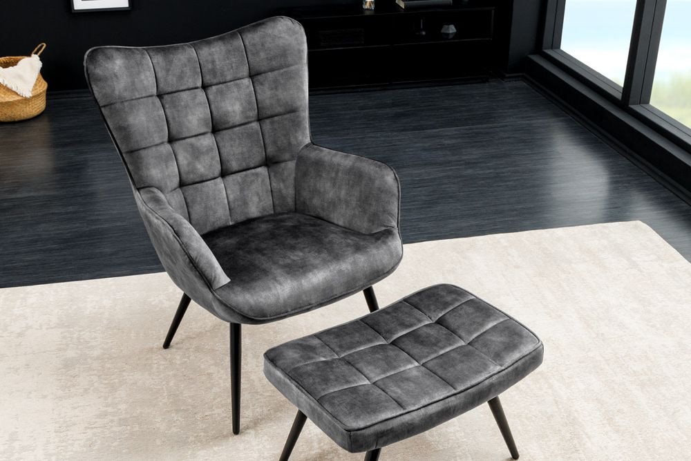 Moderner Sessel SCANDINAVIA grau Samt schwarze Metallbeine mit Armlehnen