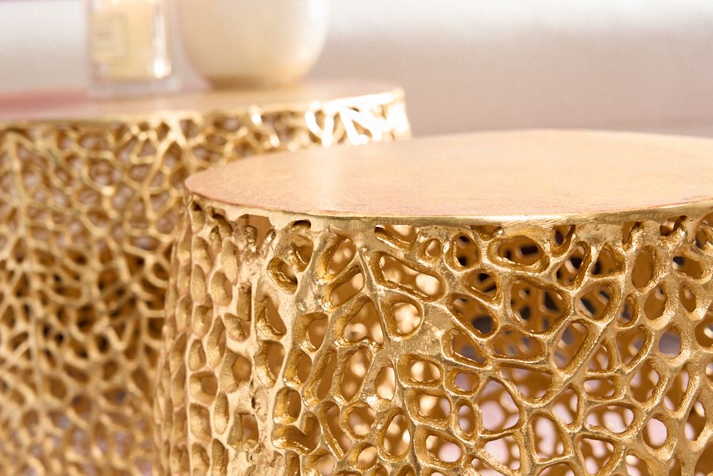2er Set Filigraner Design Couchtisch ABSTRACT LEAF gold Handarbeit Metall rund