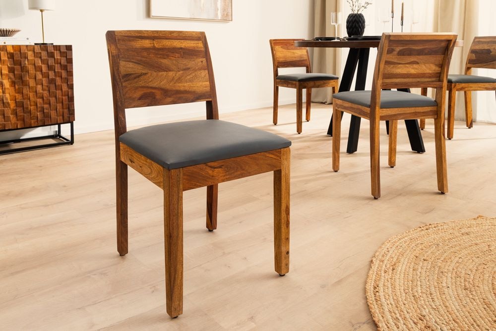 Massivholz Stuhl PURE braun stone finish dunkelgrau Sheesham mit Kunstlederbezug