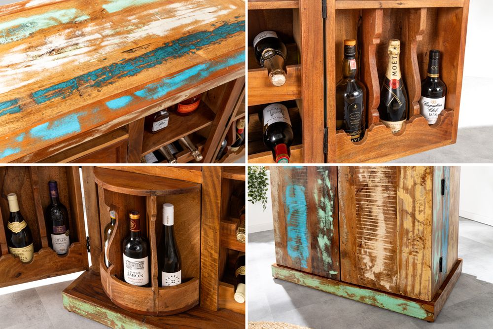 Einzigartiger Barschrank JAKARTA 100cm natur bunt recyceltes Massivholz aus Fischerbooten