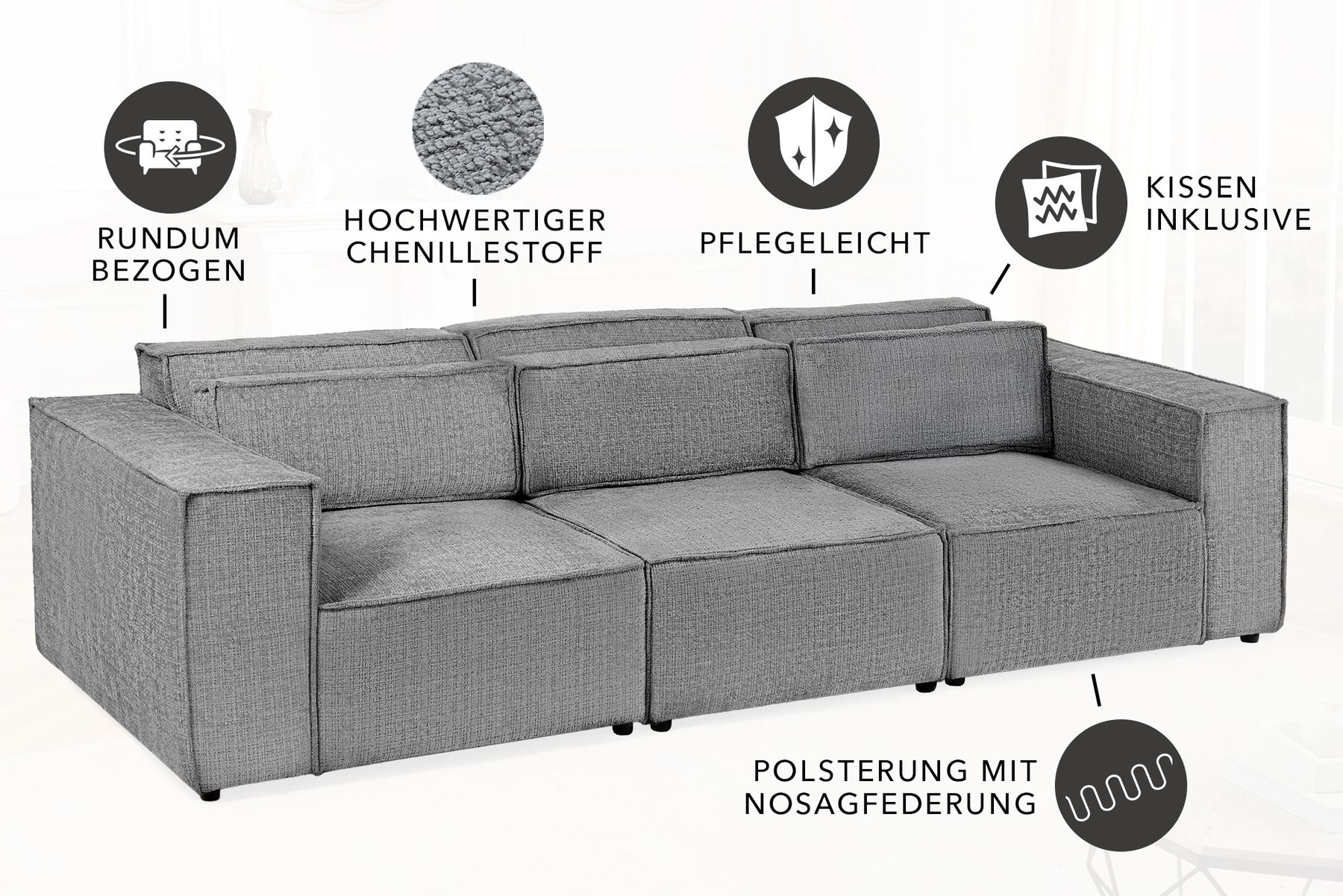 Design 3-Sitzer Sofa BOSSA NOVA 260cm grau Chenille XXL-Couch