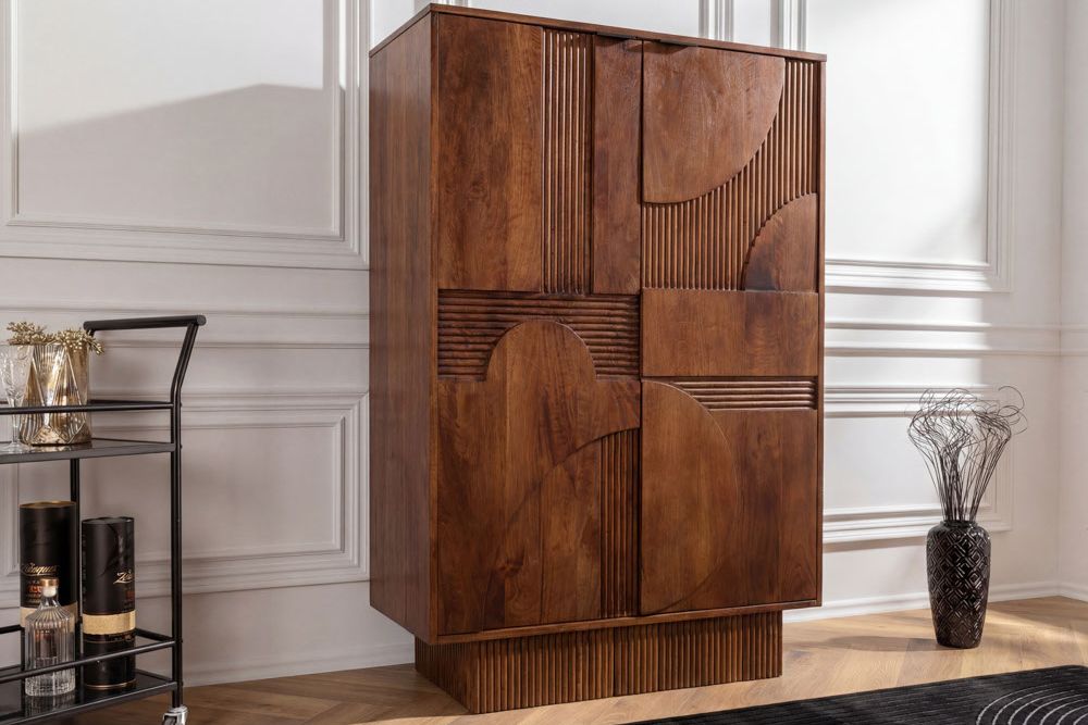Massiver Barschrank ART DECO 140cm braun Mangoholz 3D-Front Highboard Flaschenregal