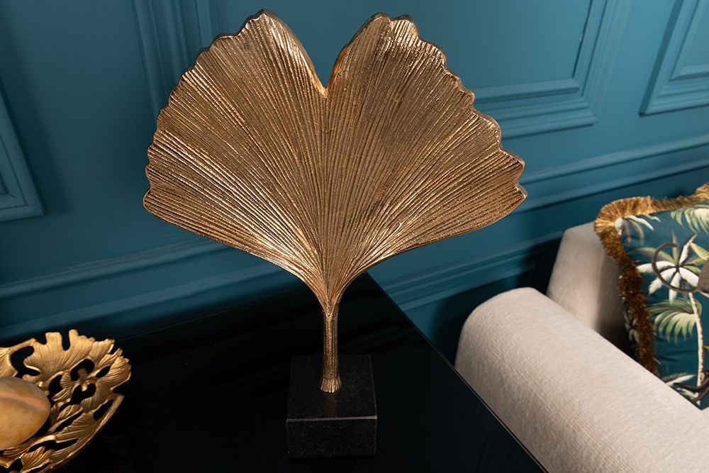 Dekorative Skulptur GINKGO LEAF 44cm gold handmade Metall mit Marmorsockel