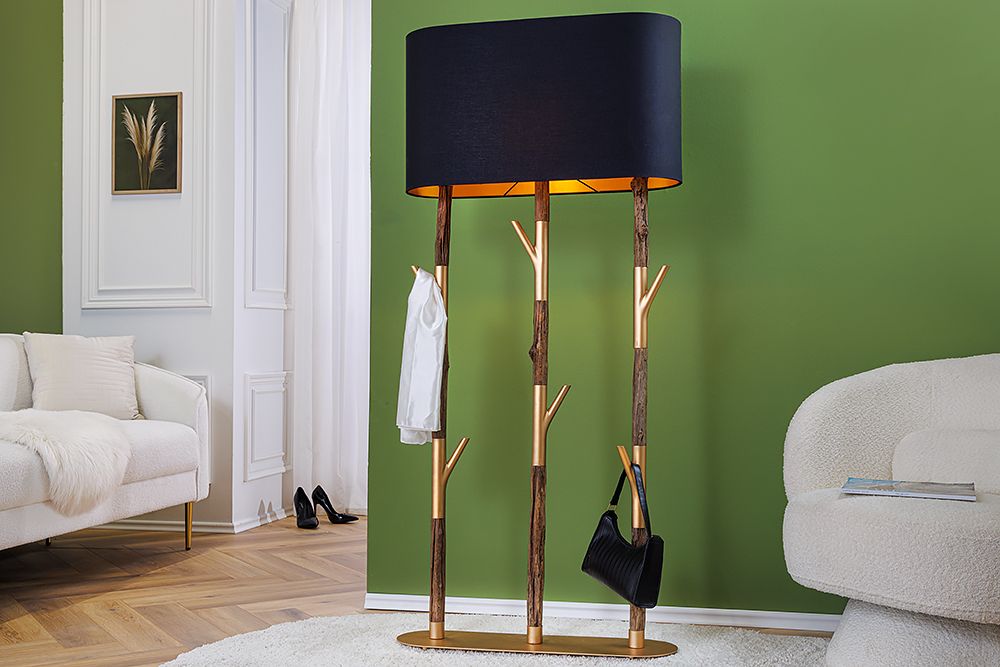 Handgefertigte Stehlampe WARDROBE 155cm schwarz gold natur Eisenholz Massivholz