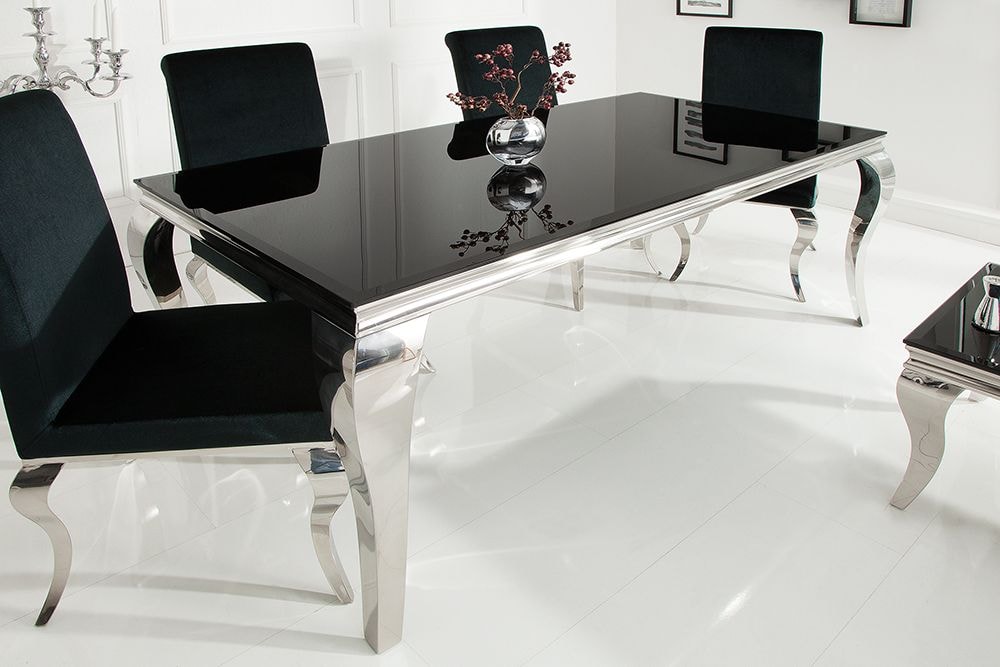 Eleganter Design Esstisch MODERN BAROCK 200cm schwarz Opalglas Tischplatte Edelstahl