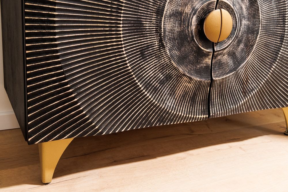 Massives Sideboard GOLDEN SUNSET 100cm schwarz Mangoholz 3D Schnitzerei gold Metall