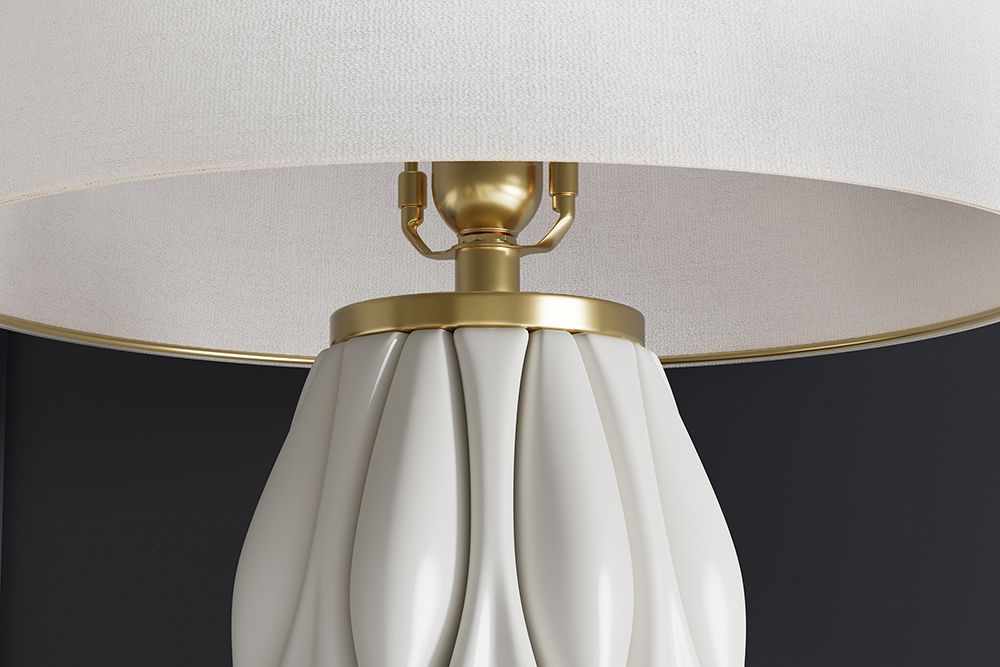 Moderne Tischlampe ELEGANCIA 65cm weiß gold Keramik weißer Leinenschirm