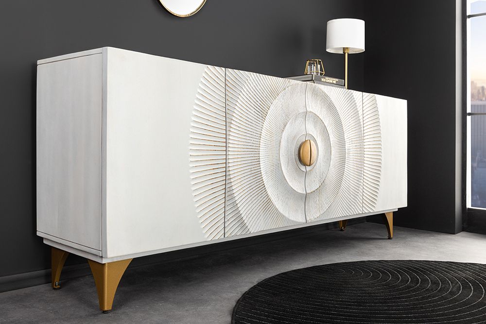 Handgearbeitetes Sideboard GOLDEN SUNSET 180cm weiß gold Mangoholz Metallbeine