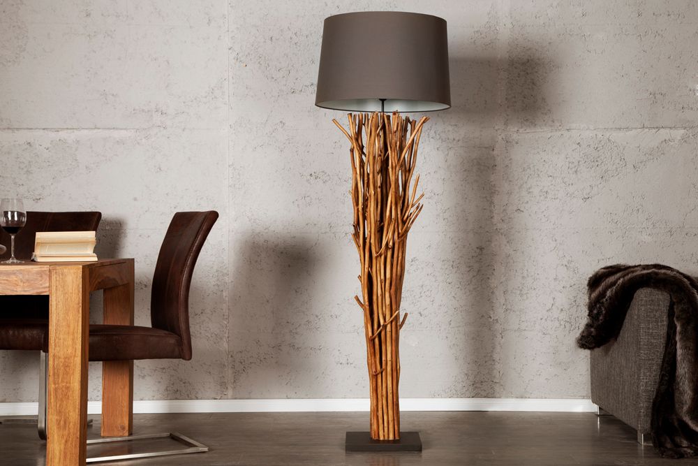 Design Treibholz Stehlampe EUPHORIA 180cm grau mit Leinenschirm