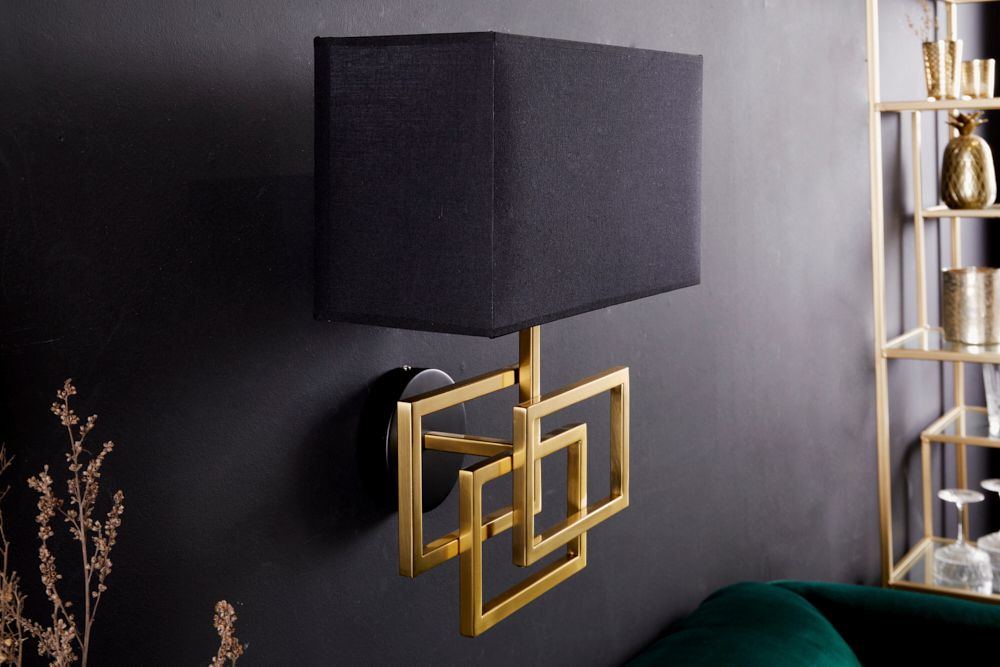 Moderne Wandleuchte ATLANTIS 44cm gold Stoffschirm schwarz Lampe