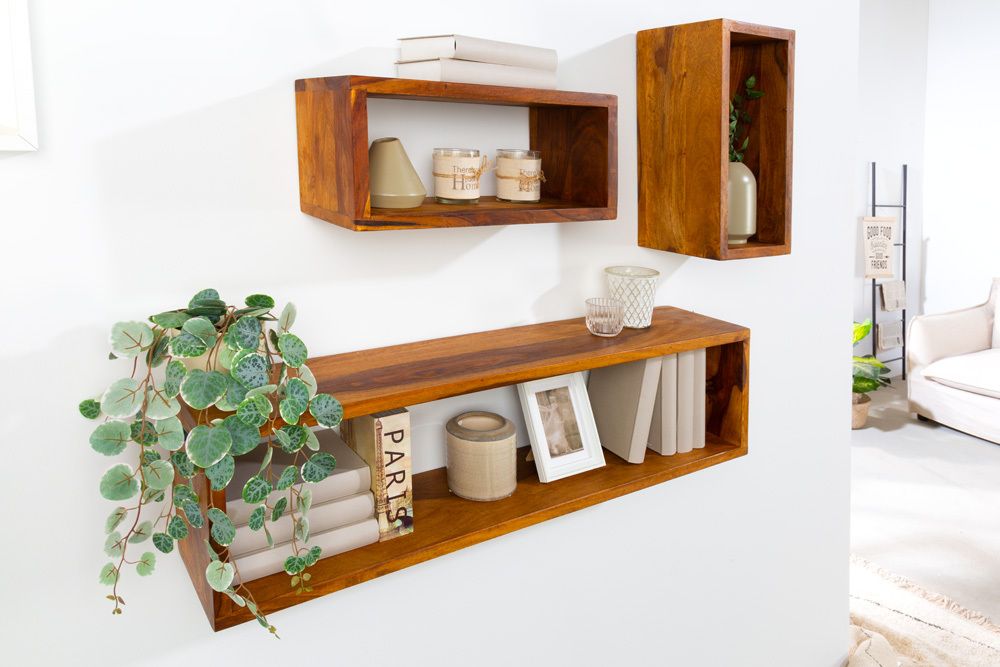 Massives Wandregal 3er Set HEMINGWAY 94cm braun Sheeshamholz stone finish