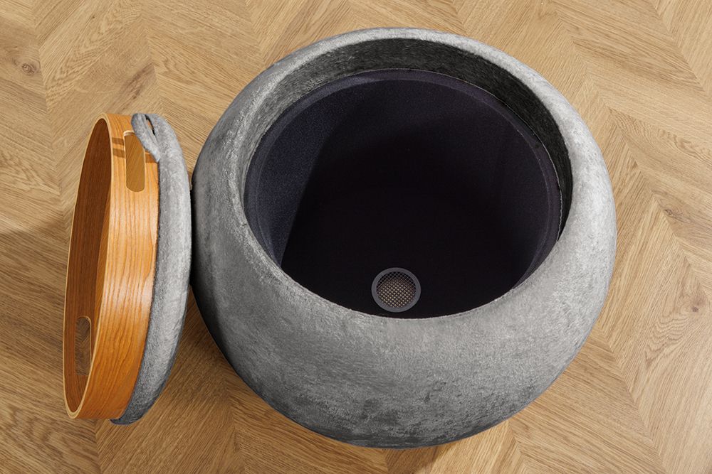 Runder Couchtisch ORBIT 50cm grau Bouclé Hocker mit Tablett und Stauraum