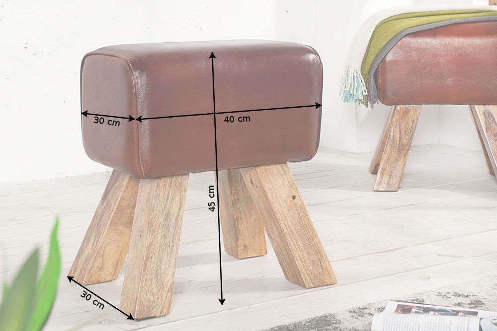 Retro Sitzhocker TURNBOCK 40cm mit Echtleder Bezug Mangoholz Hocker