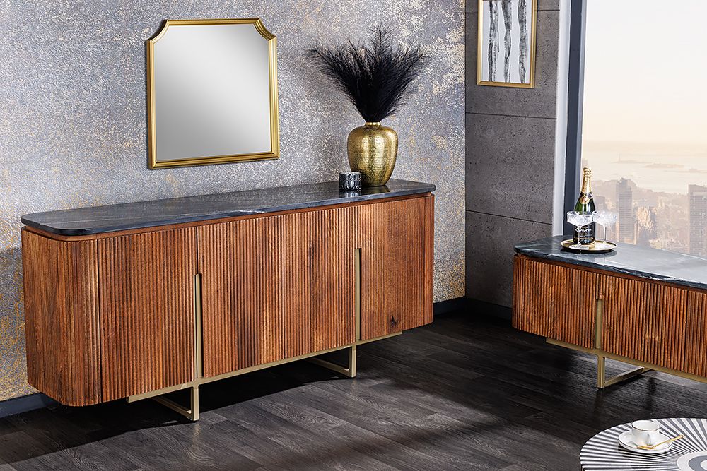 Design TV-Board GATSBY 160cm braun gold Mangoholz Marmor Metallgestell