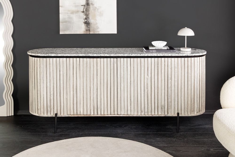 Massives Sideboard ADLON 170cm grau gebürstet Mangoholz mit weißer Marmorplatte