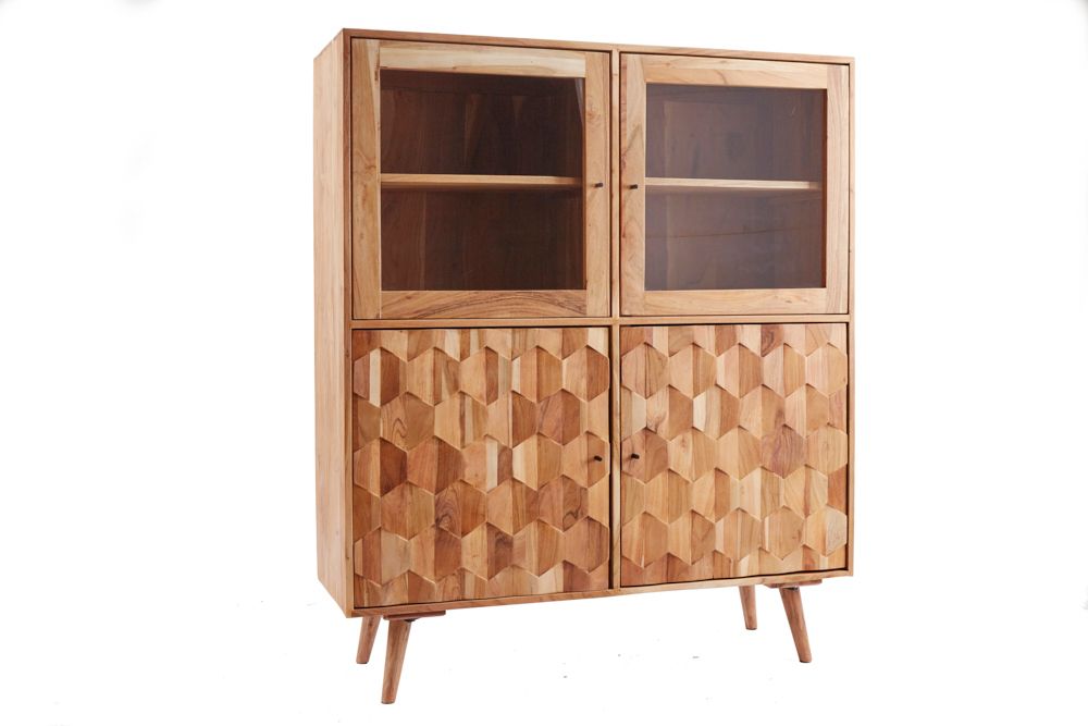 Massivholz Highboard MYSTIC LIVING 140cm Akazie natur Vitrine 3D-Oberfläche