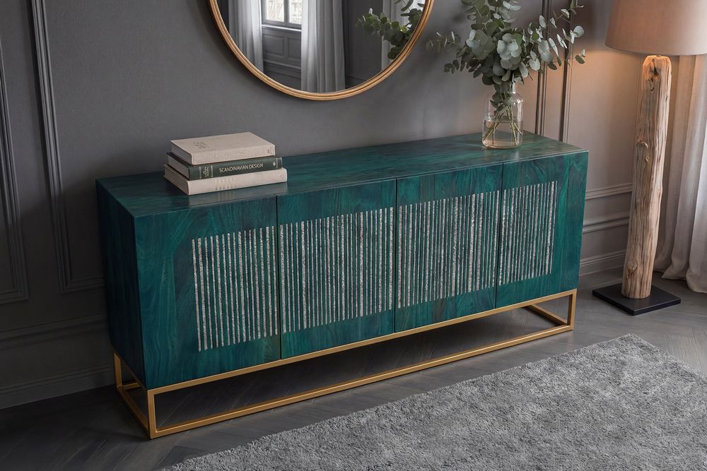 Massives Sideboard ONYX 180cm türkis Mangoholz Achat Edelstein gold Metallgestell