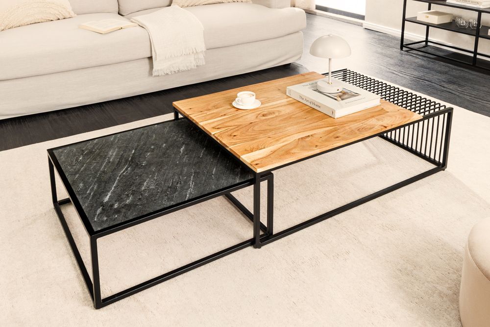 2er Set Couchtische ARCHITECTURE 90cm natur Akazienholz schwarz Steinfurnier Metall