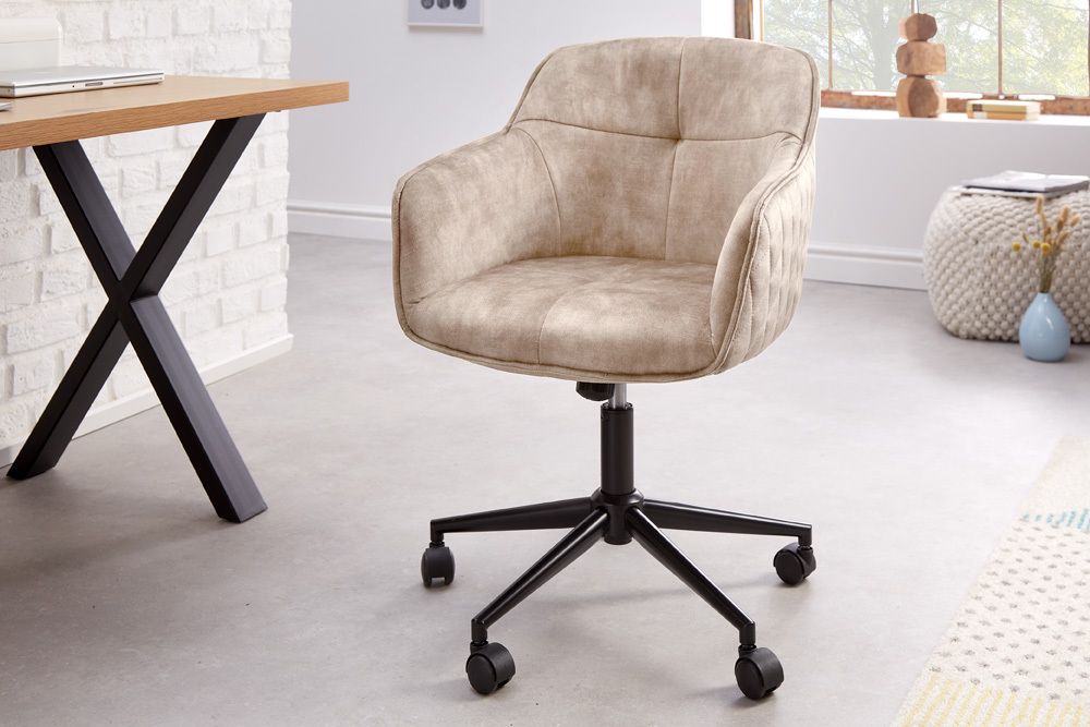 Höhenverstellbarer Design Bürostuhl EUPHORIA champagner greige Samt drehbar Ziersteppung